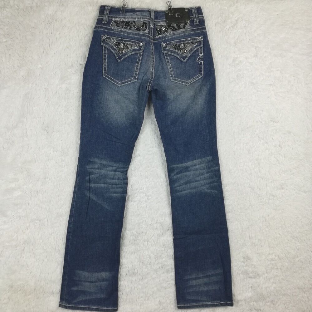 Cartise Womens Jeans Boot Cut Denim Blue‎ Mesh Lace Jewels Flap Whiskering 8